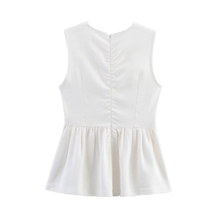 White sleeveless pleated top with french round neck and ruffle hem back design