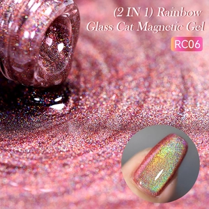 Macro view of (2 IN 1) Rainbow Glass Cat Magnetic Gel texture in RC06 holographic shade