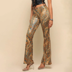 Women's leopard print flare pants with a glossy finish and slim fit retro bell bottoms