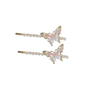 Elegante Schmetterlings-Haarklammern mit weißen Perlen und rosa Flügeln auf Goldbasis