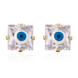 Mini 18K gold plated square zircon stud earrings with blue evil eye design for women
