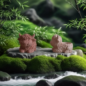 Detail of Highland Cow silicone mold crafts used as mini succulent pots and decor