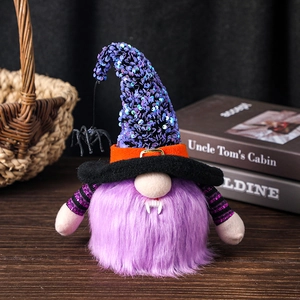Detail of Halloween gnome featuring a purple sequin hat and plush beard with spider decor