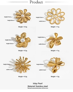 Detailed technical chart of gold stainless steel flower brooches with dimensions and weights