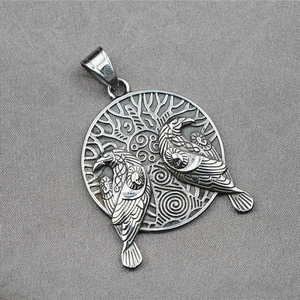 Vintage Viking pendant featuring dual ravens and Yggdrasil tree in antique silver finish
