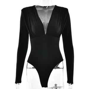 Slim fit black long sleeve bodysuit with deep V-neck and stretch fabric for women