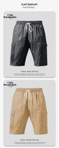 Detail showing multi-pocket cargo shorts in grey and khaki breathable woven fabric