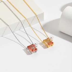 Geometric Rectangle Gradient Zircon And Artificial Pearl Pendant Necklace Brass Gold Plated Minimalist Fashion Jewelry For Women