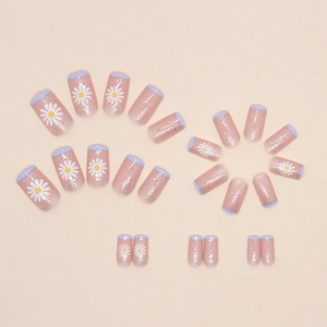 Sparkly medium long square press-on nails with light blue French tips and daisy designs