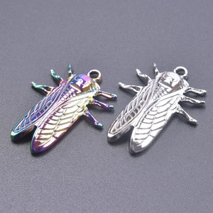 Macro shot of stainless steel cicada charms in silver and rainbow finish for DIY jewelry