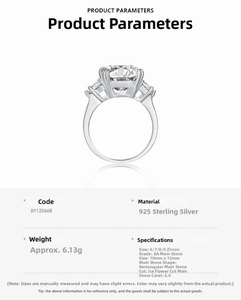 Detailed product parameters of 6ct rectangular ice flower cut zircon S925 silver ring