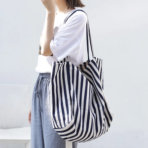 Vintage style striped canvas tote bag for women with large capacity and blue white stripes