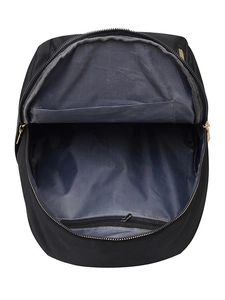 Internal view of a black nylon backpack with grey lining and multiple organizer compartments