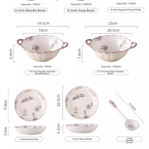 Size chart showing ceramic bowl and plate dimensions including capacity and diameter