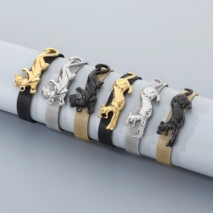 Fashionable leopard head stainless steel mesh bracelet set in diverse metallic colors