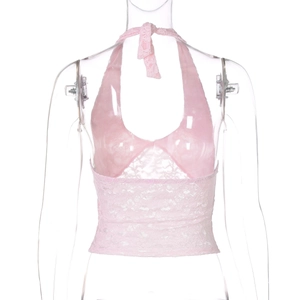 Close-up of pink lace halter top showing intricate floral mesh and neck tie detail