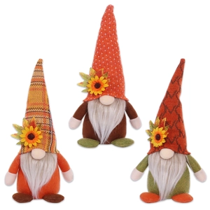 Three autumn harvest sunflower gnomes with maple leaves for Thanksgiving home decor