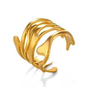 Irregular lava design gold titanium steel ring with adjustable open multilayer band