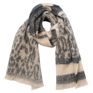 Macro detail of the leopard and stripe pattern on this beige winter knit scarf