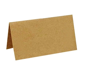 Detailed close-up of brown kraft paper place cards with elegant folded design for weddings
