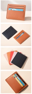 Detail of multi-slot PU leather card holder showing multiple color options and fine texture