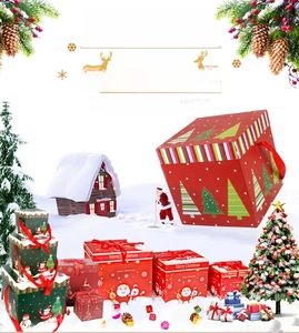 Detail showing various Christmas gift boxes with Santa, reindeer and ribbon decorations