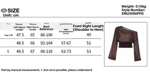 Größentabelle für schulterfreies Chiffon-Top mit Maßen für Ärmel, Brust und Länge