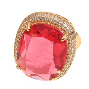 Adjustable 14K gold plated open ring with a large pink rectangle gemstone and zircon halo