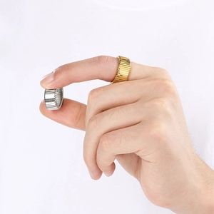 Minimalist geometric round stainless steel ring with vintage vertical stripe texture