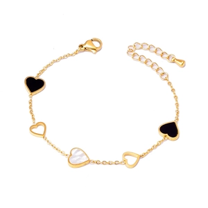 Minimalist 18K gold heart bracelet with black and white shell charms for women