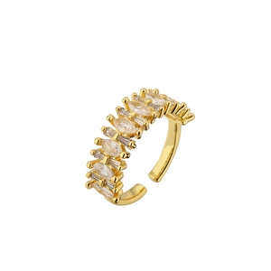 Adjustable golden ring with sparkling white marquise-cut zircons in a geometric design