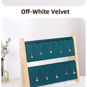 Detail of teal velvet double layer necklace display stand with sturdy wooden A-frame base