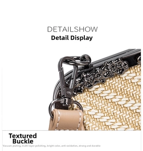 Detailed close-up of textured woven fabric with floral embossed metal clasp and leather strap