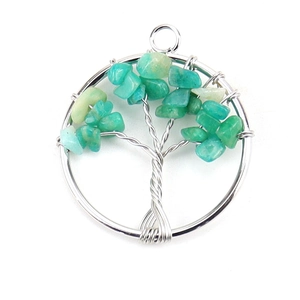 Detailed view of Tree of Life pendant with green crystal stones and silver wire wrapping