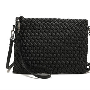 Handwoven black leather clutch bag with premium texture and gunmetal hardware accents