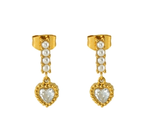 Dettaglio di orecchini a cuore in zircone placcati oro 18K con piccole perle