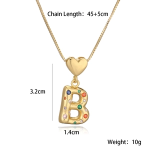 Detail view of 18K gold plated necklace with zircon letter B pendant and size metrics