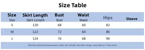 Detailed size table for women's summer halter neck dress featuring S, M, and L measurements