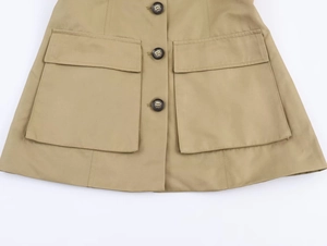 Detail der khakifarbenen Jacke mit großen aufgesetzten Taschen und Schildpatt-Knöpfen