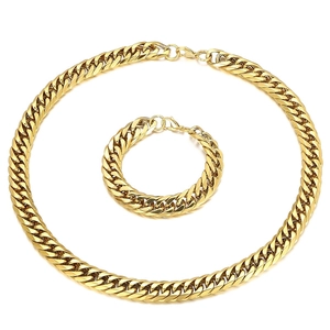 Polished gold stainless steel cuban curb chain necklace and bracelet set for men