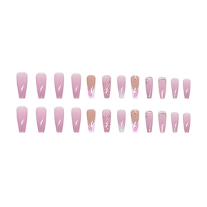 Pink French ballerina press-on nails with glitter, rhinestones and heart designs
