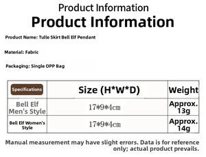 Detailed size specifications table for Christmas elf plush doll tree ornaments