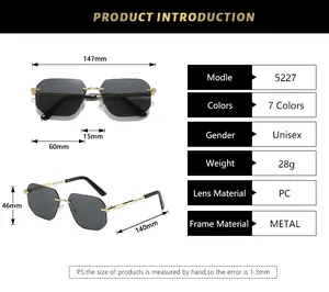 Detailed size chart for rimless vintage sunglasses showing frame width and lens dimensions