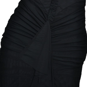 Detailed close-up of the black ruched fabric texture on a slim-fit V-neck dress