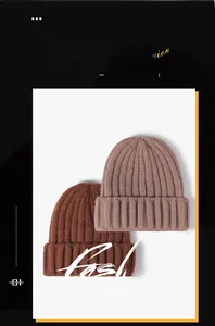 Close-up of thick ribbed knit texture on warm winter beanies in brown and pink
