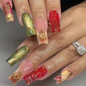 Long Coffin Press On Nails 3D Gold Foil Relief Red Green Gradient French Retro Fake Nails With Jelly Glue And Nail File