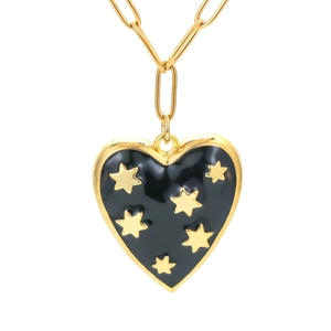 Fashionable black enamel heart pendant necklace with gold stars on a paperclip chain
