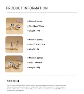 Detailed size and weight chart for silver geometric acrylic C-shaped earrings