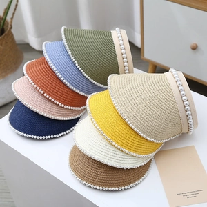 Summer Straw Visor Hat With Artificial Pearl Decoration Large Brim Sun Protection Beach Empty Top Sunshade Hat For Women Kids