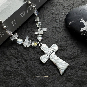 Gothic cross necklace with crystal beads and fish pattern on a vintage silver pendant